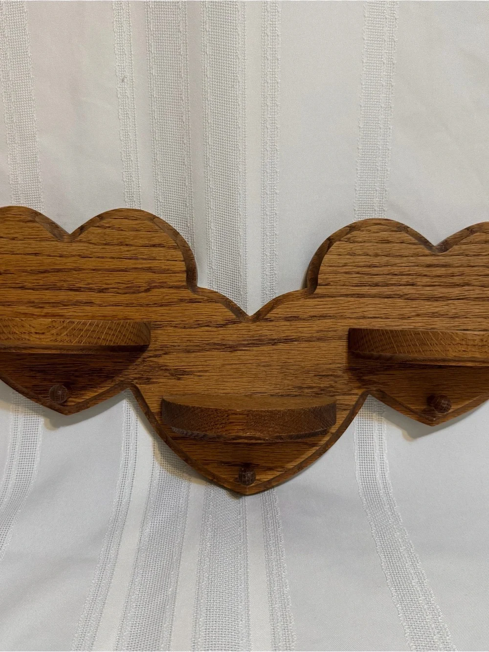 16” Vintage Oak Triple Heart Wall Shelf with Peg Hooks Rustic Country Home Decor
